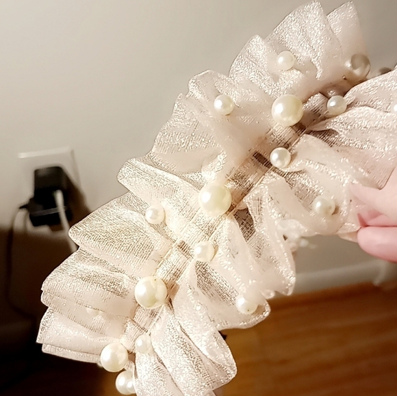 Accessories - Gorgeous Pink Ruffled Tulle Headband with Faux Pearls | Bridal, Coquette, Fairyc
